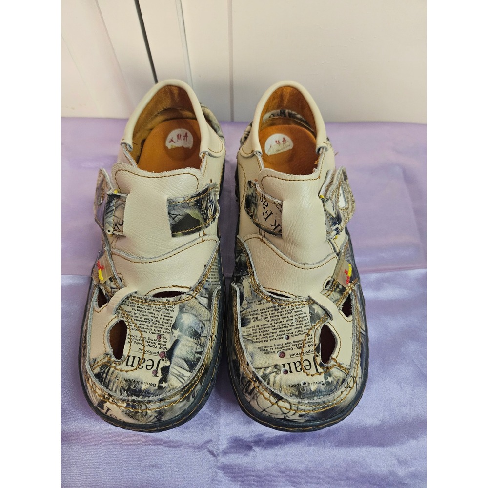 Newspaper Print Leather Fisherman‎ Sandals Chunky Lug Sole Shoes 6.5 tma eyes